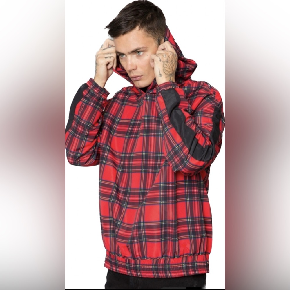 NWOT Elwood red black TARTAN PLAID track hood pullover performance jacket LARGE